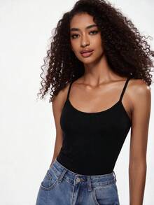SHEIN BASICS 女款純色極簡百搭細肩帶背心，適合度假與海灘穿著 - 黑色 - 查看 4