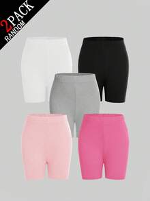 SHEIN Celana Pendek Ketat Warna Polos untuk Remaja Perempuan dengan Pinggang Elastis - MultiWarna - View 6