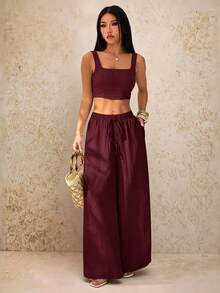 SHEIN PETITE New Spring/Summer Vacation Casual Fishbone Strap Top And Wide Leg Long Pants With Pockets 2 Pieces Set Textured Fabric Outfit - B - Burgundy - View 4