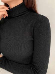 Dazy Plus Plus Size Solid Color Elastic Fitted Casual Elegant Versatile Black Turtleneck Long Sleeve Pullover Sweater, Autumn/Winter New - Black - View 2