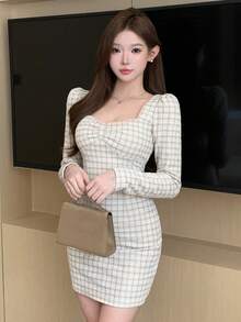 DAZY Slim-Fit Plaid Puff Sleeve Mini Sweetheart Neck Party Dress For Women,Fall Dress Long Sleeve Dress - White - View 6