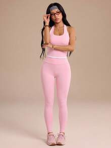 Sweetra 2pcs Solid Color Tank Top & Cropped Women's Sports Set - Pink - View 4