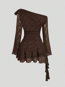 Sweetra Minimalist Sexy Sweet Asymmetrical Shoulder Lace Embroidered Early Autumn Long Sleeve Ruffle Date First Love Girl Ruched Short Dress Plus Size Women - Coffee Brown - View 2