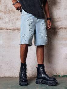 Skyrend Celana Pendek Denim Pria Manfinity Streetrush Washed Distressed Jorts Gaya Gothic Punk Streetwear untuk Emo Boy - Light Wash - View 4