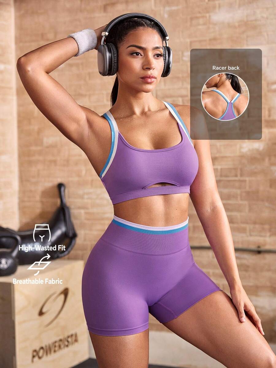 Powerista Women's Colorblock Trim Tank Top And Shorts Sports Set - Purple - View 1