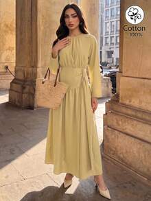 SHEIN Clasi Women's Fall Casual Modest Elegant Cinched Waist Pleated Design Solid Color Long Sleeve Cotton Blend Dress For Dating Tea Party Everyday Brunch Outing - Mustard Yellow - View 2