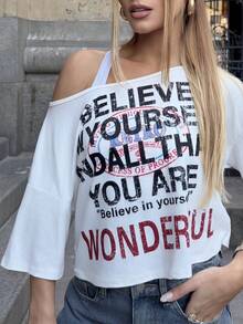 BiaLiraa Women's Fashionable Multi-Color Letter Print Oblique Shoulder Short T-Shirt Casual Summer - Multicolor - View 6