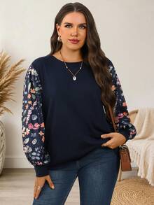 EMERY ROSE Atasan Wanita Ukuran Besar Motif Bunga Patchwork Leher Bulat Lengan Panjang Model Lentera Bergaris Longgar Kasual untuk Sehari-hari, Cocok untuk Acara Santai, Mode Musim Gugur 2026 - Biru - View 5
