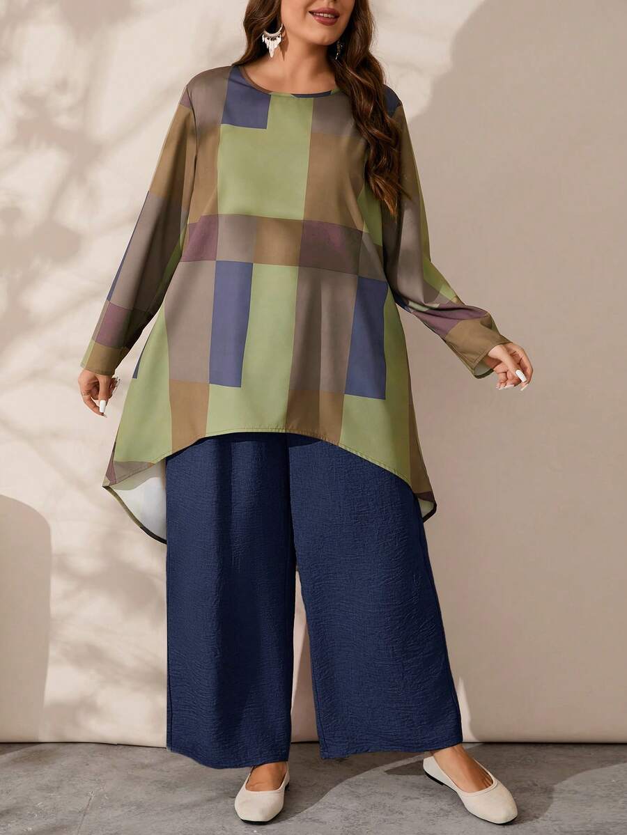 EMERY ROSE Plus Size Women's Colorblock Long Sleeve Top And Wide Leg Pants Casual Daily 2 Pieces Set Fall - Navy Blue - View 1
