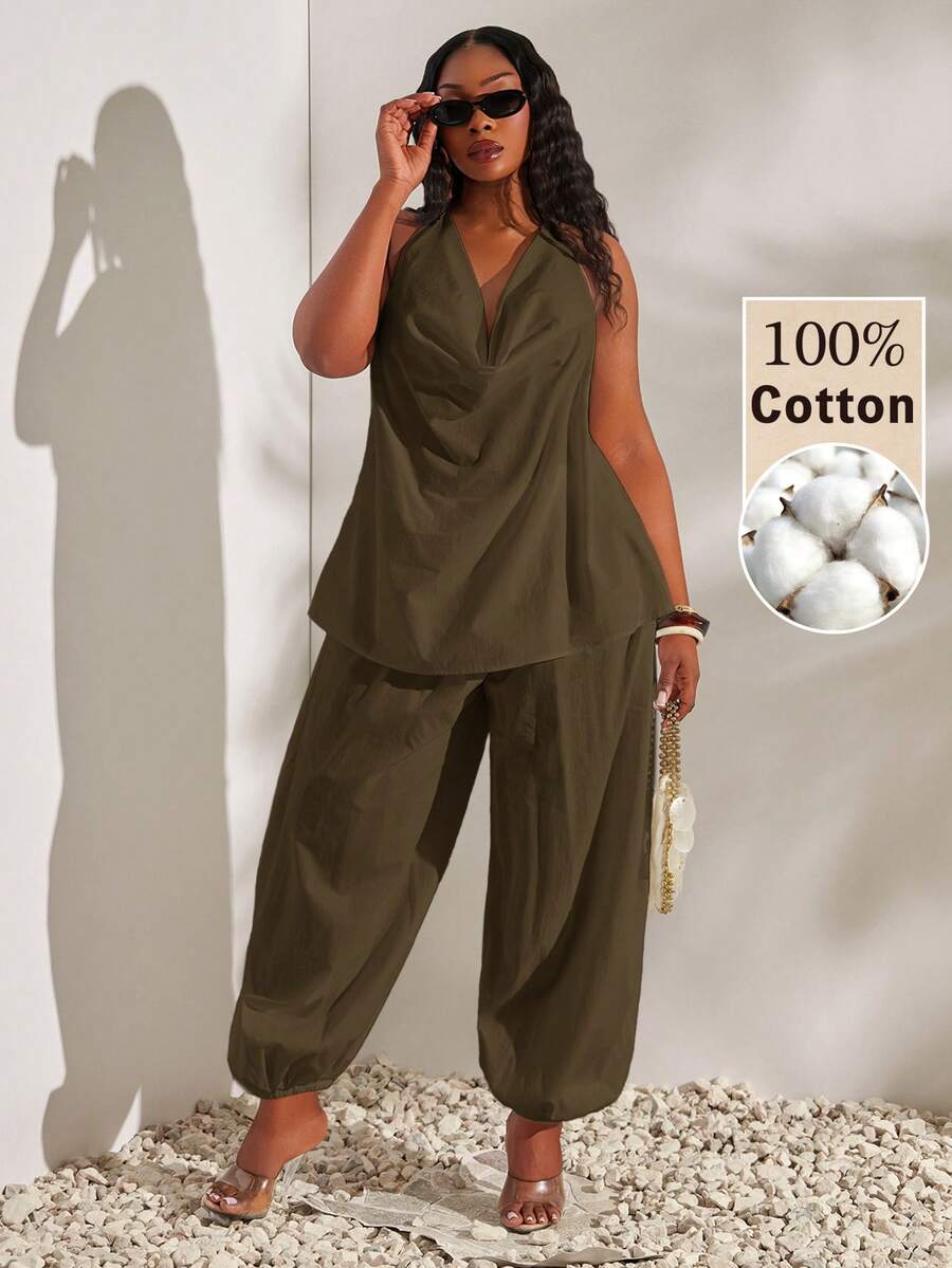 SHEIN SXY Plus Size Cowl Neck Halter Tie Top Loose Cuffed Long Pants 2 ...