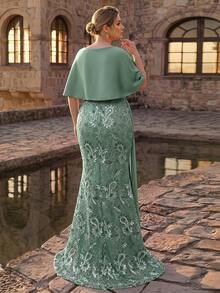 Serin Plus Size Elegant Luxurious Beaded Bubble Diamond Embroidered Lace Applique Patchwork Stretch Knit Mesh Sheer Sleeve Ruched Long Dress Suitable For Wedding Events, Bachelorette Party, Vacation, Ball, Holiday, Bridal Mother Evening Gown (Heavy Workmanship) - Green - View 3