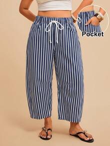 Comfortcana Plus Size Vacation Casual Striped Denim Jeans - Blue - View 1