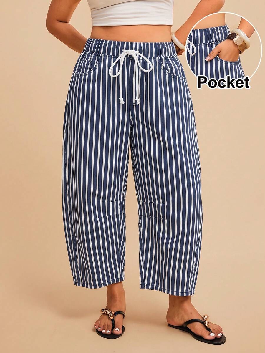 Comfortcana Plus Size Vacation Casual Striped Denim Jeans - Blue - View 1