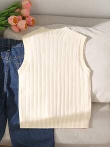 SHEIN 青少年女孩淺杏色V領刺繡針織背心，柔軟舒適，適合日常穿著、外出、旅行、度假、居家、托兒所及玩耍 - 杏色 - 查看 2