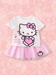 HELLO KITTY AND FRIENDS | SHEIN Young Girl Cartoon Print T-Shirt & Mesh Skirt Set - Multicolor - View 1