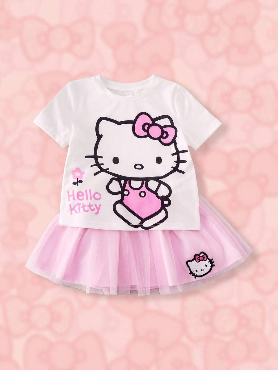 HELLO KITTY AND FRIENDS | SHEIN Young Girl Cartoon Print T-Shirt & Mesh Skirt Set - Multicolor - View 1