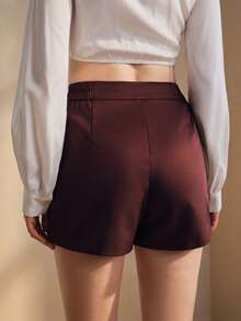 Anewsta Fashionable Modern Vintage Pleated Wide Leg Shorts With Metal Flower Button Decor For Women - Rust Brown - View 7