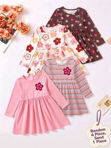 Vestido de cuello redondo de manga larga para niñas bebé, patrón a rayas con elemento floral, adecuado para primavera otoño invierno, uso diario y salidas de fin de semana - Multicolor - Ver 1