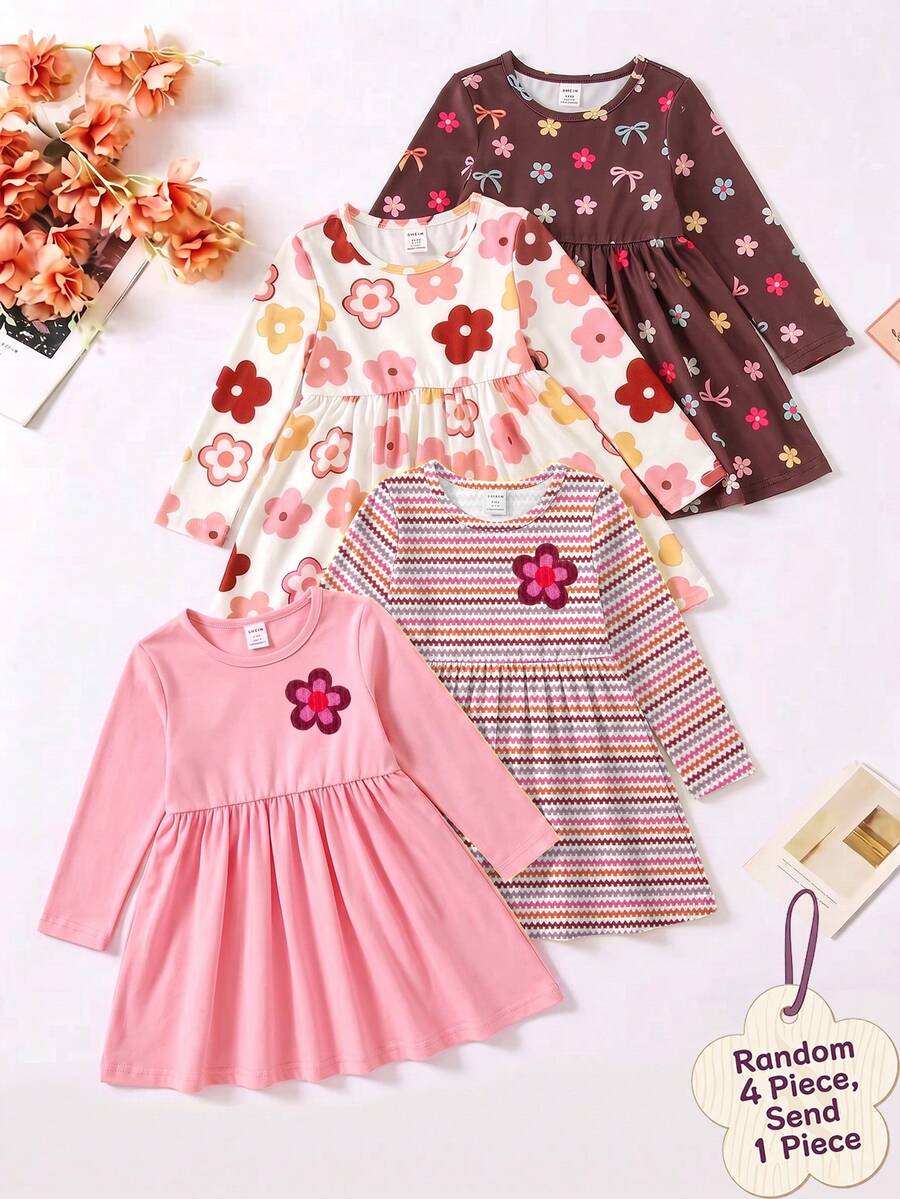 Vestido de cuello redondo de manga larga para niñas bebé, patrón a rayas con elemento floral, adecuado para primavera otoño invierno, uso diario y salidas de fin de semana - Multicolor - Ver 1