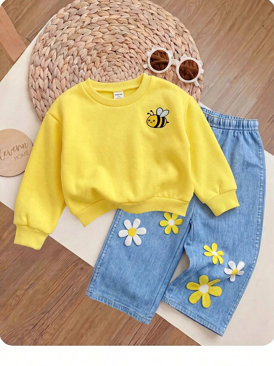 SHEIN 2pcs Baby Girl Floral Pattern Knit Soft Crew Neck Long Sleeve Sweatshirt And Long Autumn Pants Set - Yellow - View 1