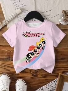 THE POWERPUFF GIRLS X SHEIN 女童字母卡通印花休閒日常短袖T恤 - 白色 - 查看 8