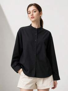 SHEIN BASICS Women's Solid Color Casual All-Match Minimalist Professional Versatile Daily Long Sleeve Shirt Teachers' Day Office Black Autumn - Black - View 2