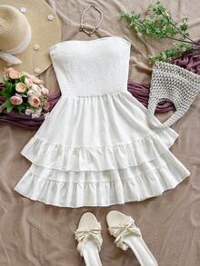 Soleia Solid Shirred Bodice Layered Hem Tube Dress - White - View 1