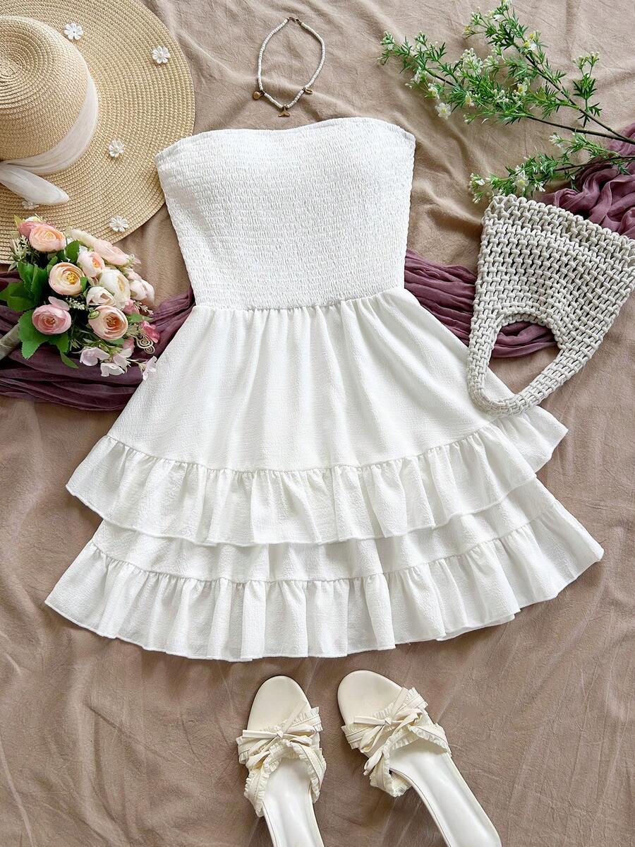 Soleia Solid Shirred Bodice Layered Hem Tube Dress - White - View 1