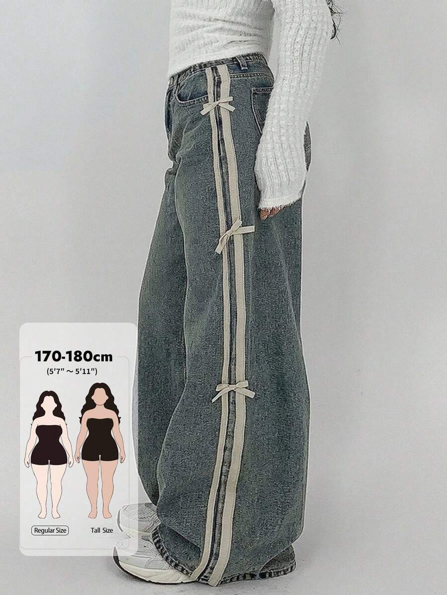 Dazy Tall Curve Contrast Color Patchwork Webbing Bow Decor Loose Wide Leg Denim Girls Clothing Denim Long Pants All Season Tall Plus Size Jeans Fall - Light Wash - View 1