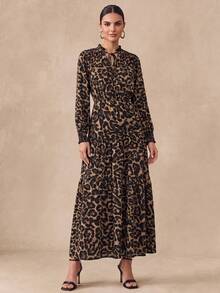 Almamuse Women's Leopard Print Loose V-Neck Tie-Up Long Sleeve Dress Fall Cloth For Women - Multicolor - View 1