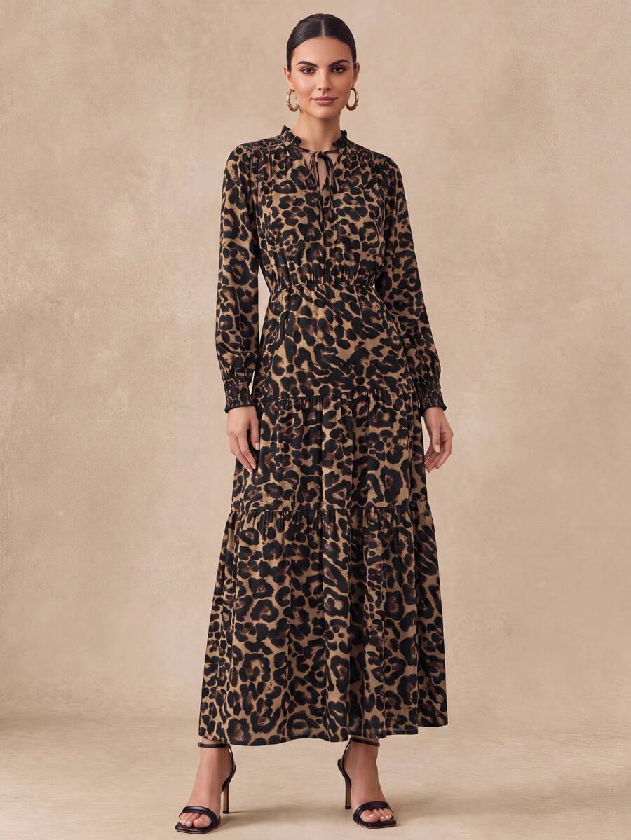 Almamuse Women's Leopard Print Loose V-Neck Tie-Up Long Sleeve Dress Fall Cloth For Women - Multicolor - View 1