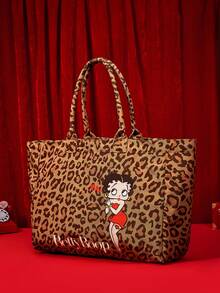 Betty Boop X Joivida 1個豹紋帆布托特包，時尚大容量休閒單肩手提包，適合日常通勤、旅行、海灘度假、學校收納、開學季、生日或節日禮物 - 豹紋 - 查看 2
