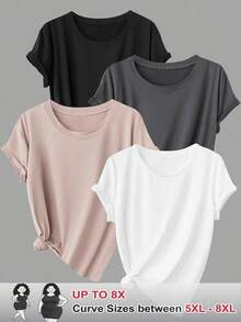 SHEIN CURVE+ 4件/套 大码女式基础款宽松短袖T恤 - 彩色 - 查看 1