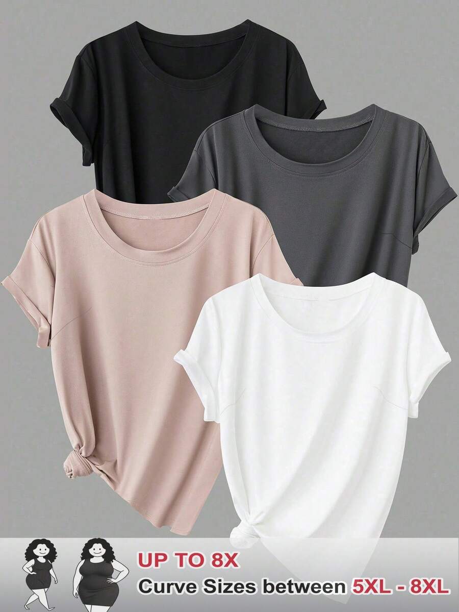 SHEIN CURVE+ 4件/套 大码女式基础款宽松短袖T恤 - 彩色 - 查看 1