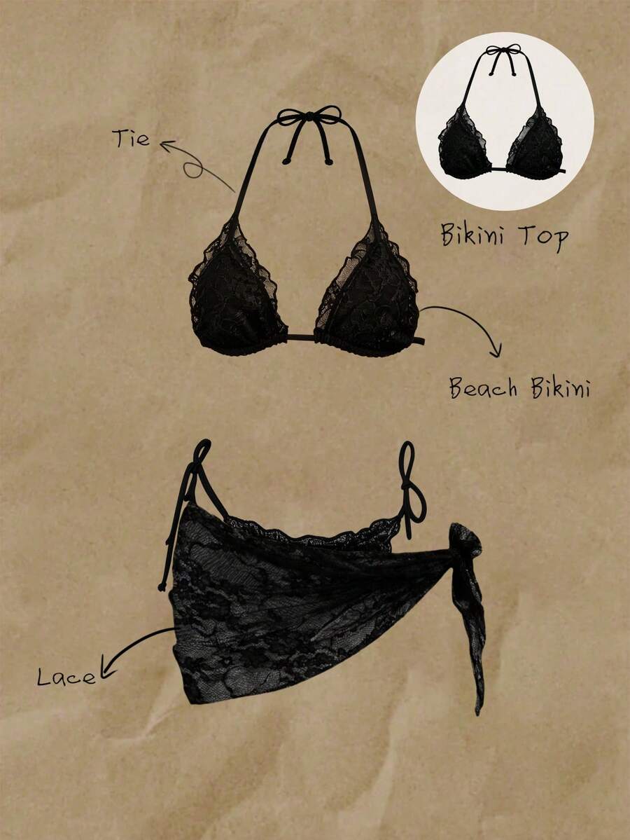 Elavelle 女士提花面料挂脖比基尼上衣,春夏款 - 黑色 - 查看 1