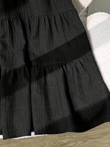 SHEIN 兒童青少年女孩休閒藍色碎花拼接多層裙，抽繩腰頭，休閒布料，適合日常穿著，春季風格 - 黑色 - 查看 4