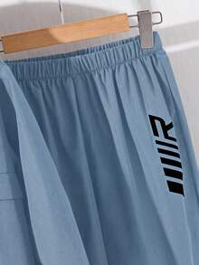 SHEIN 青少年男孩寬鬆休閒極簡舒適連帽衫與長褲套裝 - 藍色 - 查看 3