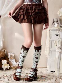 ROMWE Kawaii Girl Dark Brown Multi-Layer Ruffle Bow Decor Women's Skirt Party Summer Romantic Cute - Brown - View 8