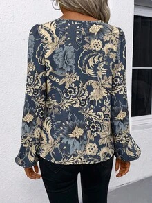 SHEIN LUNE 休閒簡約女款花卉圖案缺口V領襯衫，適合春秋穿著 - 彩色 - 查看 7