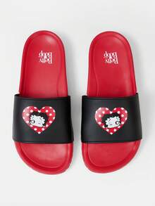 Betty Boop x SHEIN 女款夏季時尚卡通圖案拖鞋 - 紅黑色 - 查看 4