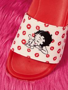 Betty Boop x SHEIN Ladies Summer Fashion Cartoon Pattern Slippers - Red and White - View 3