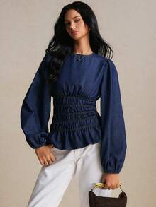 Poéselle Women's Round Neck Lantern Sleeve Ruched Waist Fashion Denim Top - Dark Wash - View 8