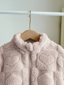 SHEIN LMoss Kids LMoss 女嬰可愛休閒毛絨立領夾克，愛心圖案，適合秋冬穿著 - 卡其色 - 查看 8