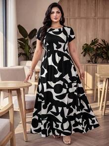 SHEIN Lady 女士几何印花圆领短袖优雅连衣裙 - 彩色 - 查看 7