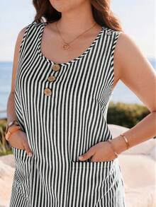 Zaforene Plus Size Women's Summer Casual Western Kawaii Vacation Sleeveless Black And White Striped Short Dress With Pockets Formal - Black and White - View 7