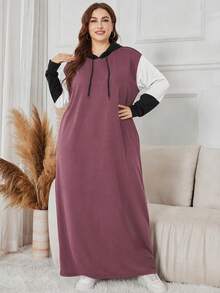 Lacomfia Autumn/Winter Elegant Casual Colorblock Patchwork Drawstring Ribbed Knit Texture Hooded Collar Loose Fit Plus Size Women's Sweatshirt Dress - Multicolor - View 7