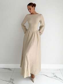 Siren Gaze Women's Elegant Beige Boat Neck Lantern Sleeve Pleated Maxi Dress,Autumn Long Sleeve Modest Fitted Waist Dress For Dinner Date,Business Casual Office - Apricot - View 3