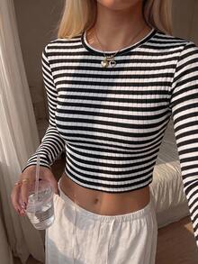 CovetEZ Autumn New Black And White Striped Ribbed Knit Short Crew Neck Long Sleeve Slim Fit Women's T-Shirt Suitable For Daily Commute Everyday Daytime Casual - Blue - View 6