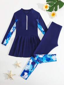 SHEIN Setelan Tankini Anak Perempuan Usia 8-12 Tahun, Warna Biru Tua, Motif Patchwork Daun Tropis, Atasan Lengan Panjang dan Celana Panjang, 2 Potongan, Pakaian Renang Pantai Pelindung Matahari - Navy Blue - View 1