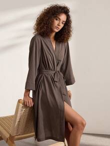 Ocili Comfortable Natural Linen Striped Women's Loungewear Robe - Black - View 4